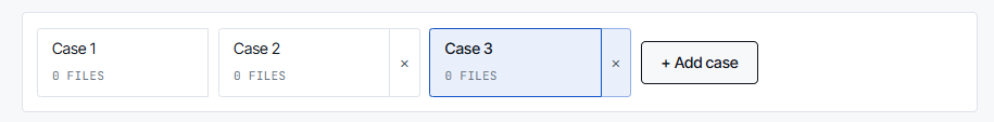 The Cases list on the New transfer page with three cases, the selected case highlighted and the Add case button.
