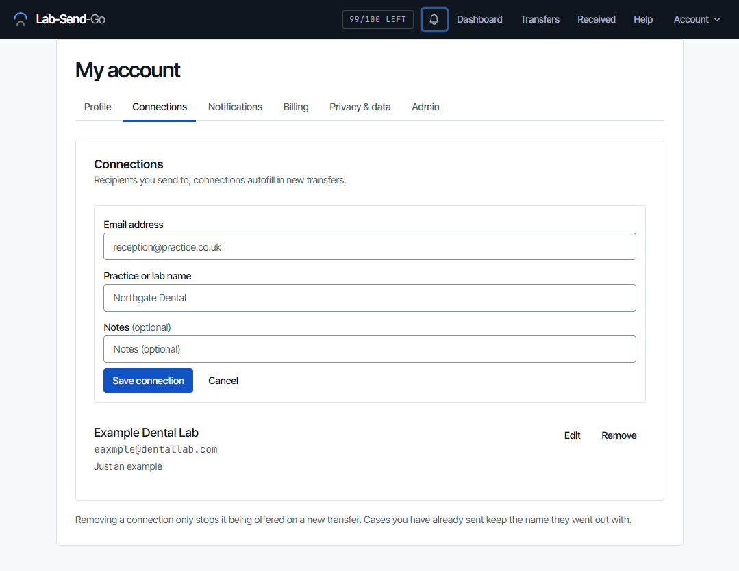 The Connections tab in My account with the add form and a list of saved practices and their email addresses.