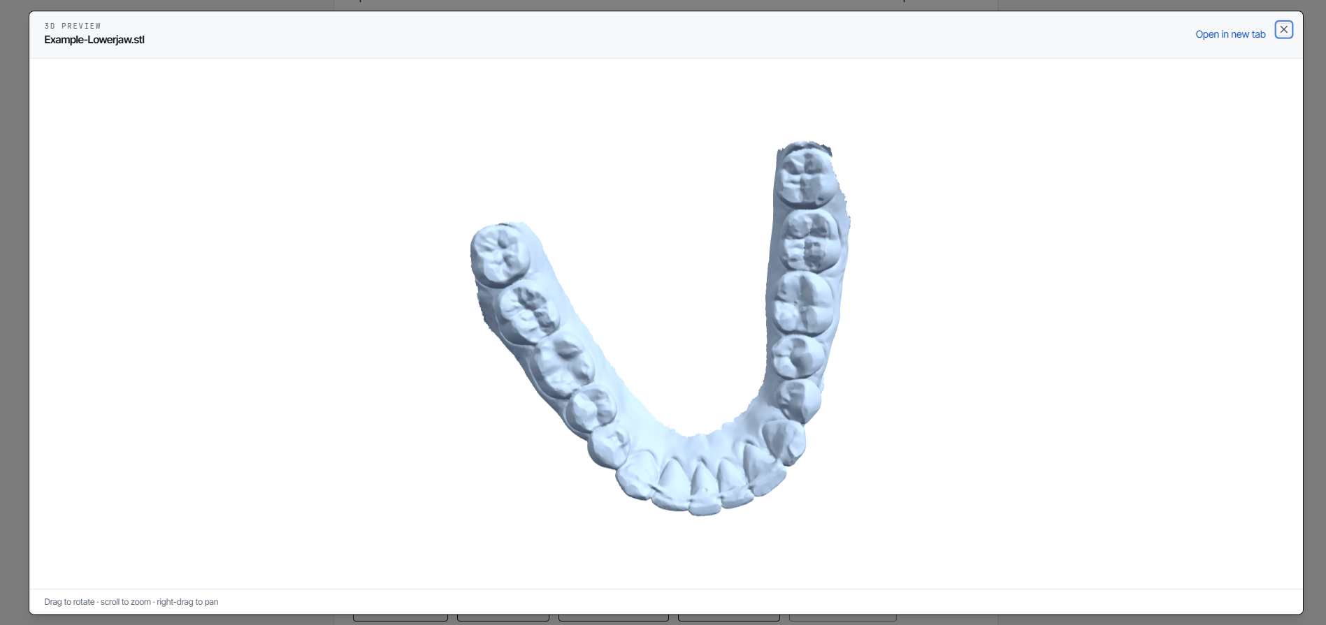 The 3D preview dialog showing an upper arch scan with rotate, zoom and pan instructions.