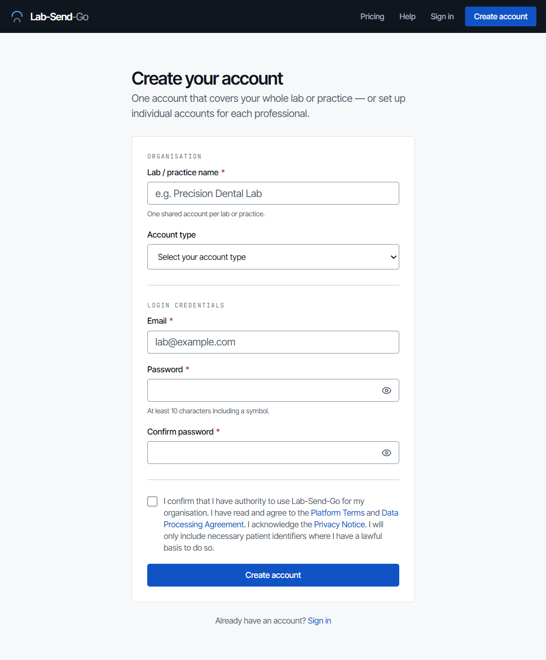 The Create account form with lab or practice name, account type, email, password and the terms checkbox.
