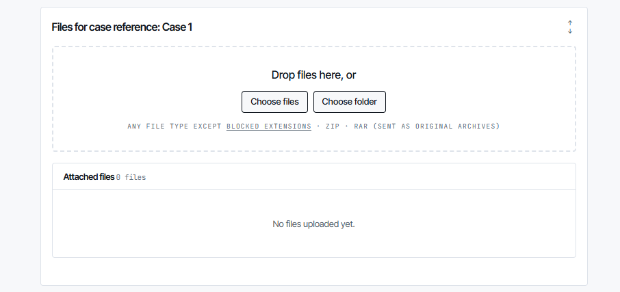 The Files section with a drop area, Choose files and Choose folder buttons, and an empty Attached files list.