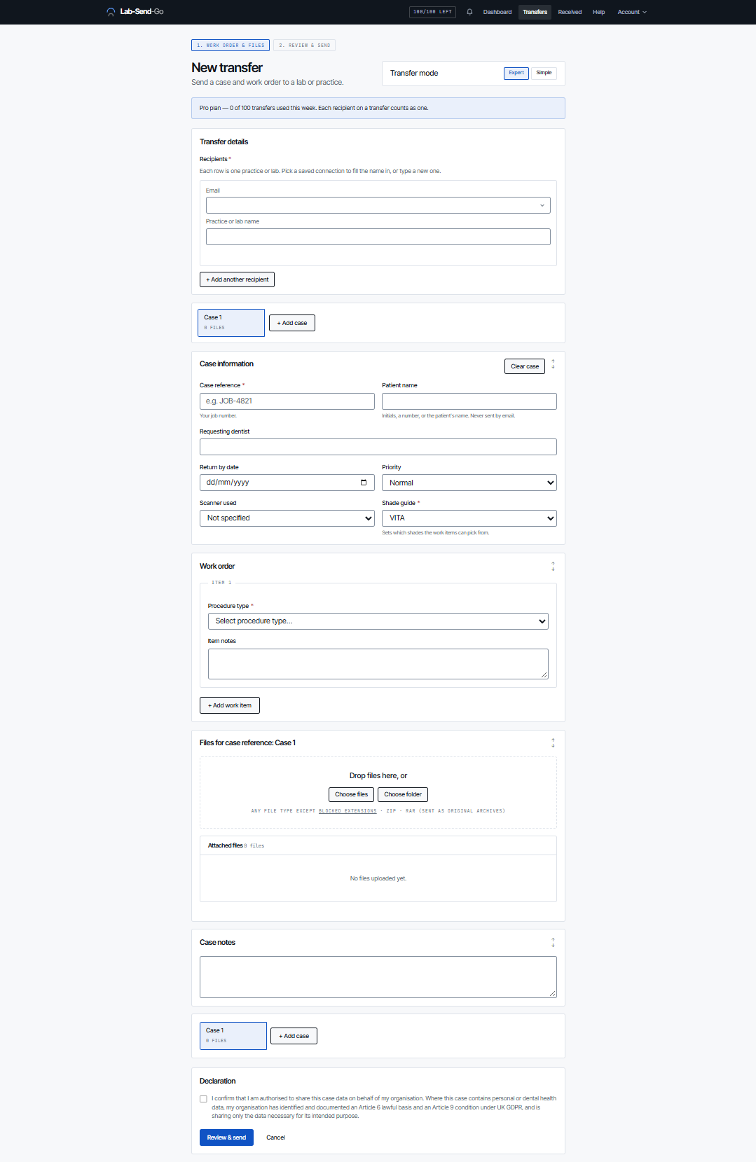 The New transfer page with the Transfer mode switch, the Recipients section, case information and the Files upload area.