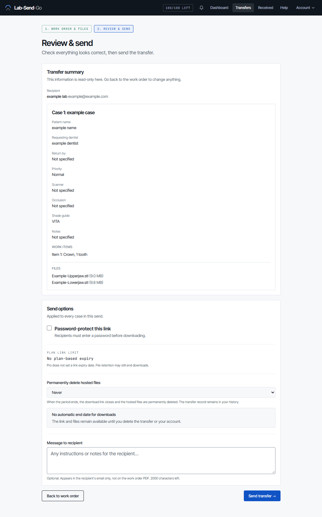 The Review &amp; send step: the transfer summary, the password option, file deletion option, message box and the Send transfer button.