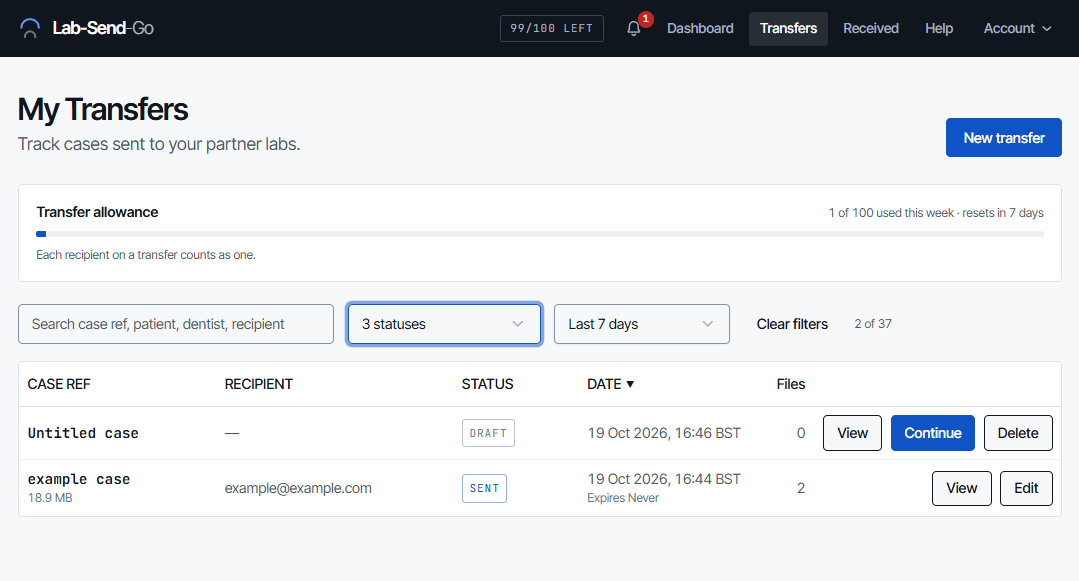 My Transfers list with search, status and date filters, and rows showing case reference, recipient, status and date.