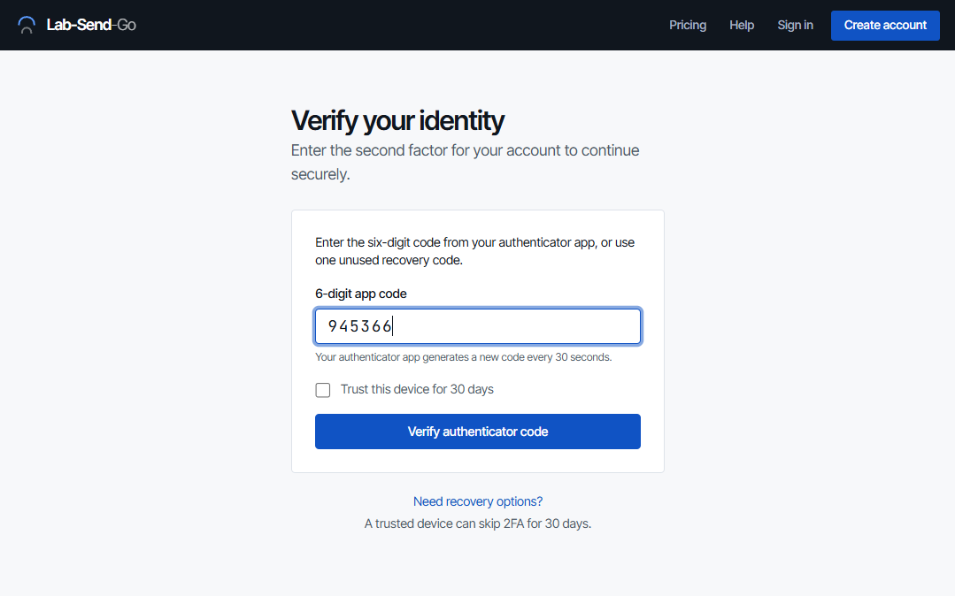 Verify your identity page with the code field and the Trust this device checkbox.