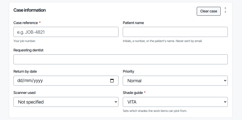 Case information card with case reference, patient name, requesting dentist, return by date, priority, scanner and shade guide.